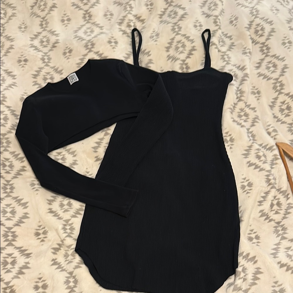 Black Ribbed Dress with Long Sleeve Crop Top